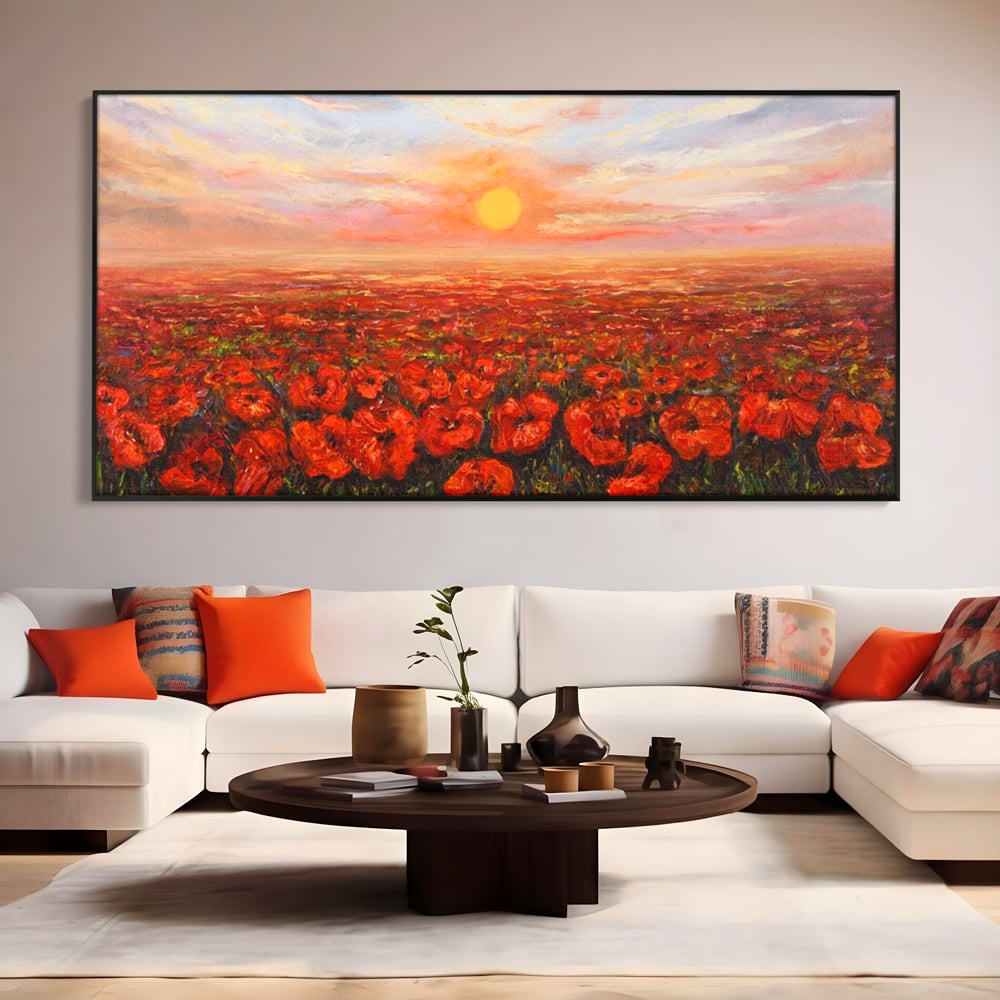 Tablou canvas cu pictura camp cu maci, in rama de aluminiu negru, pe perete intr-un living